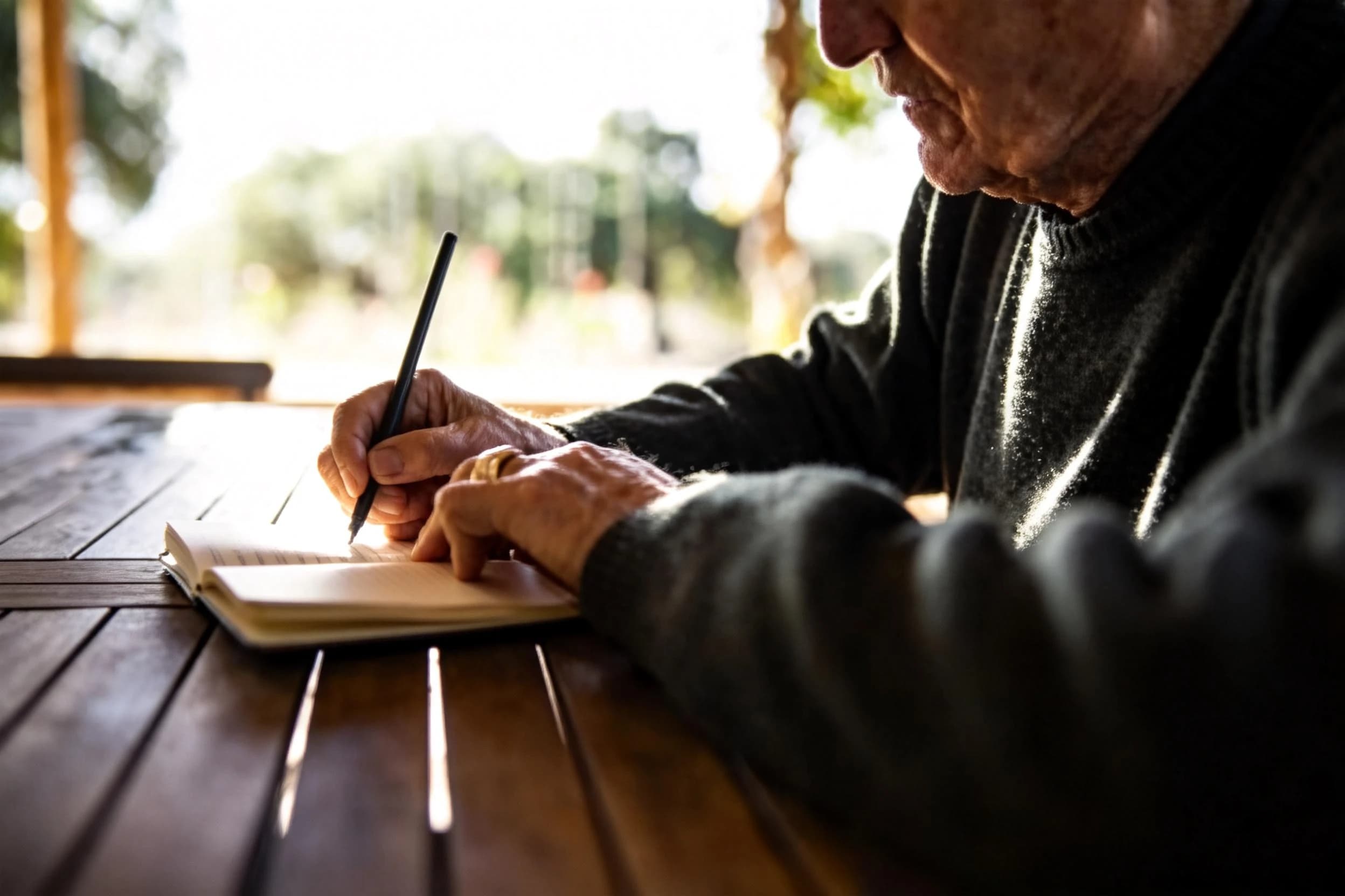 An older man writing in a notebook at a wooden desk.